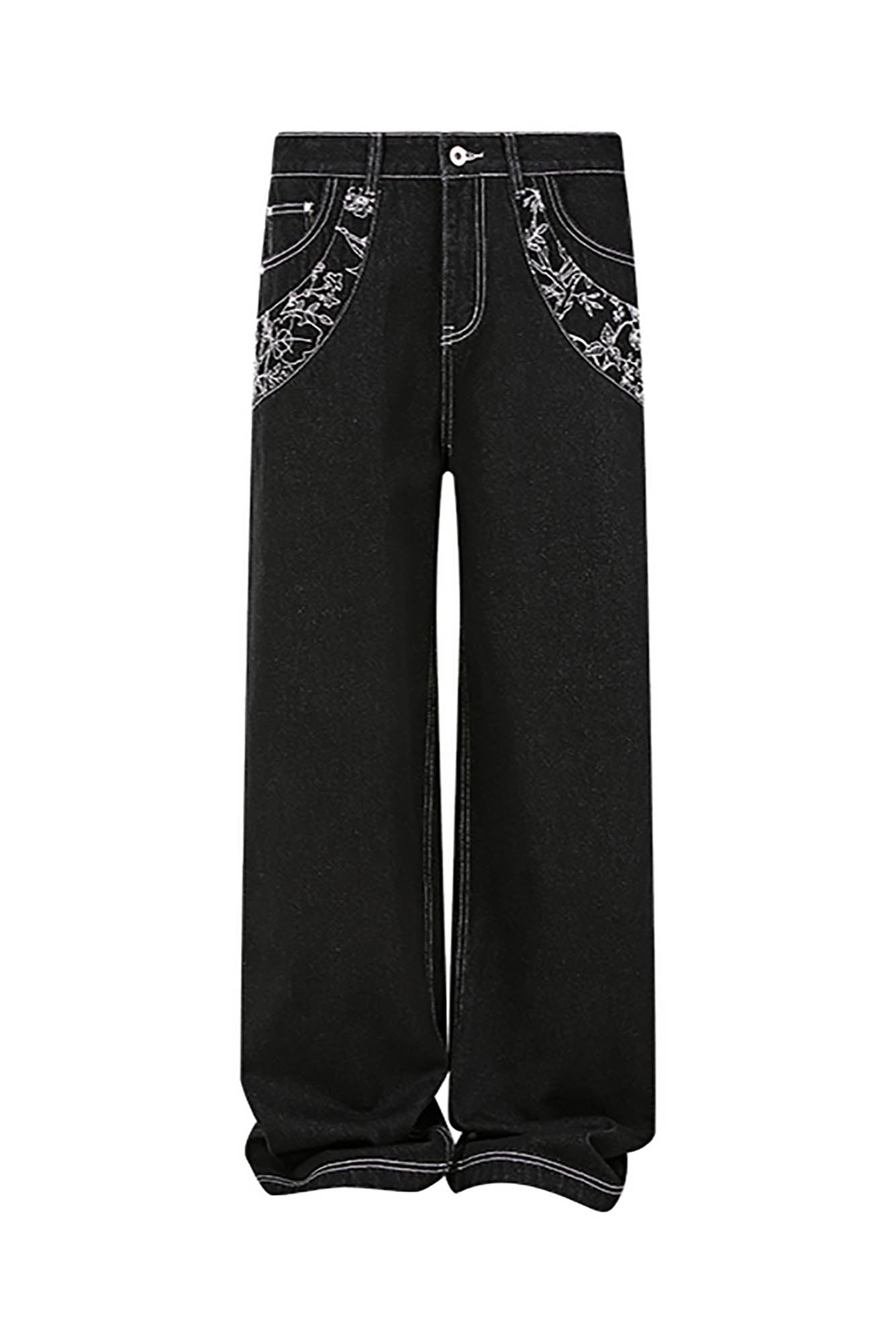 KREATE Floral Embroidered Spliced Wide-Leg Jeans