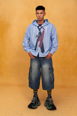 CLP Retro Multi-Pocket Knee-Length Denim Shorts
