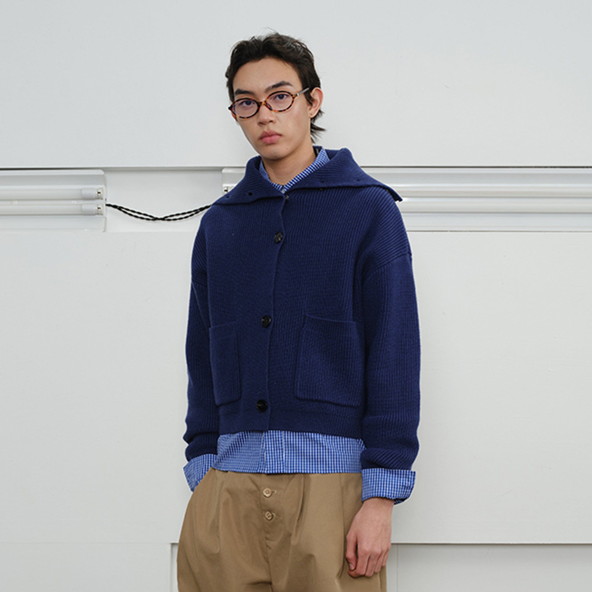 KREATE High-Collar Big-Pocket Button-Up Knitted Jacket