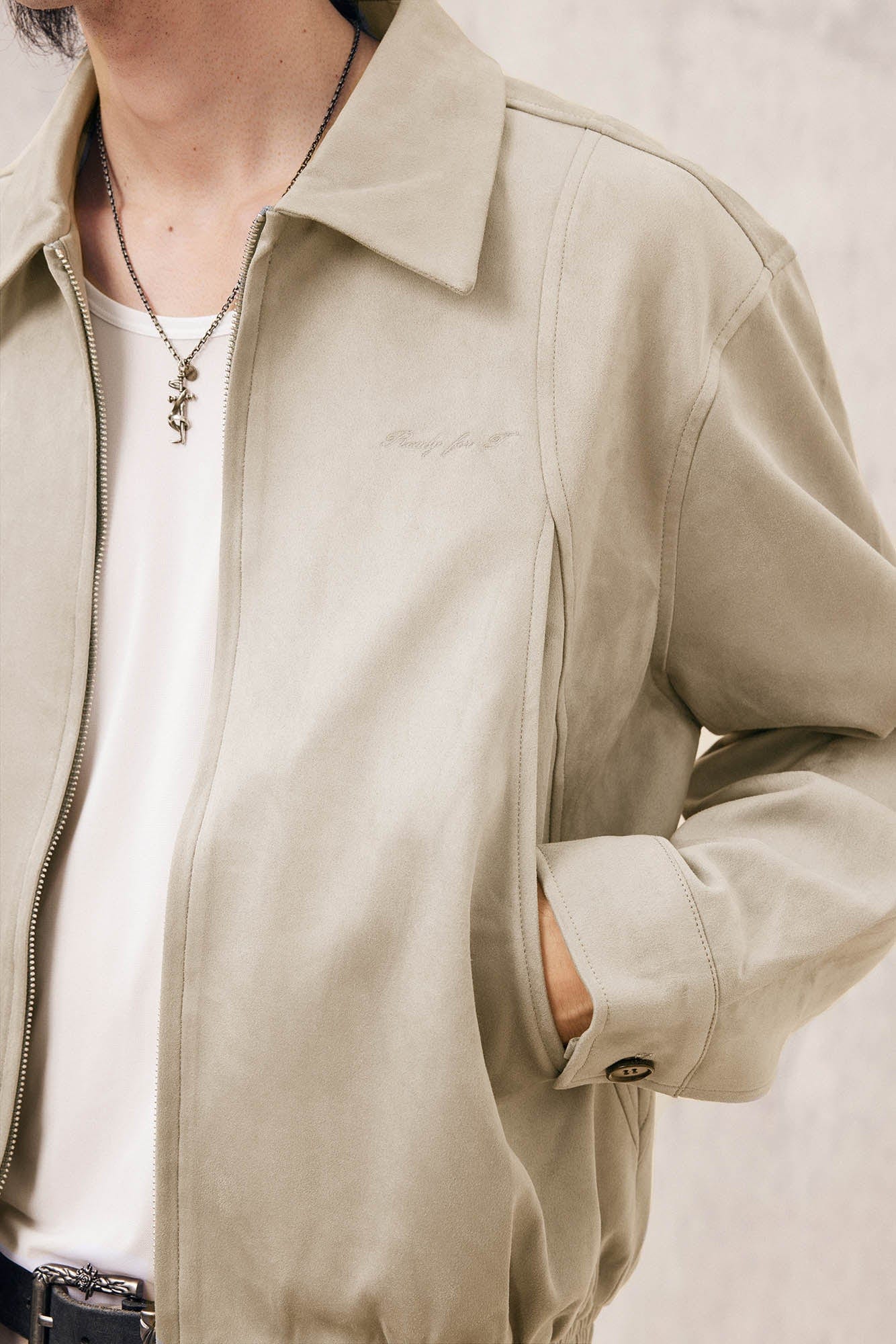 IN EXISTENCE Curved Spliced Smooth Harrington Jacket