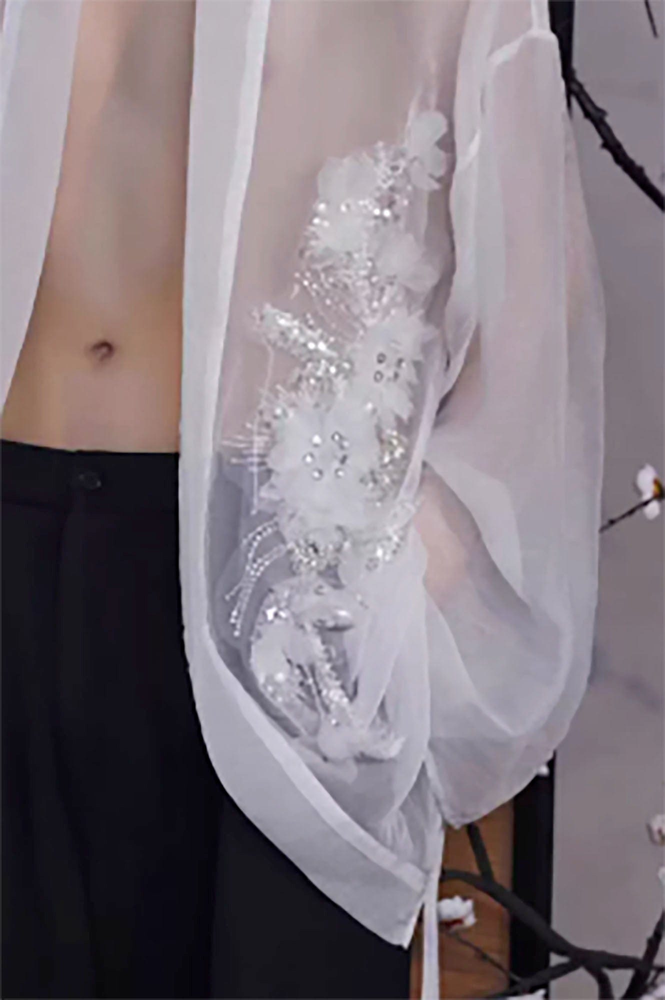 JIECHI Feathered Sequin Sheer Kimono Jacket