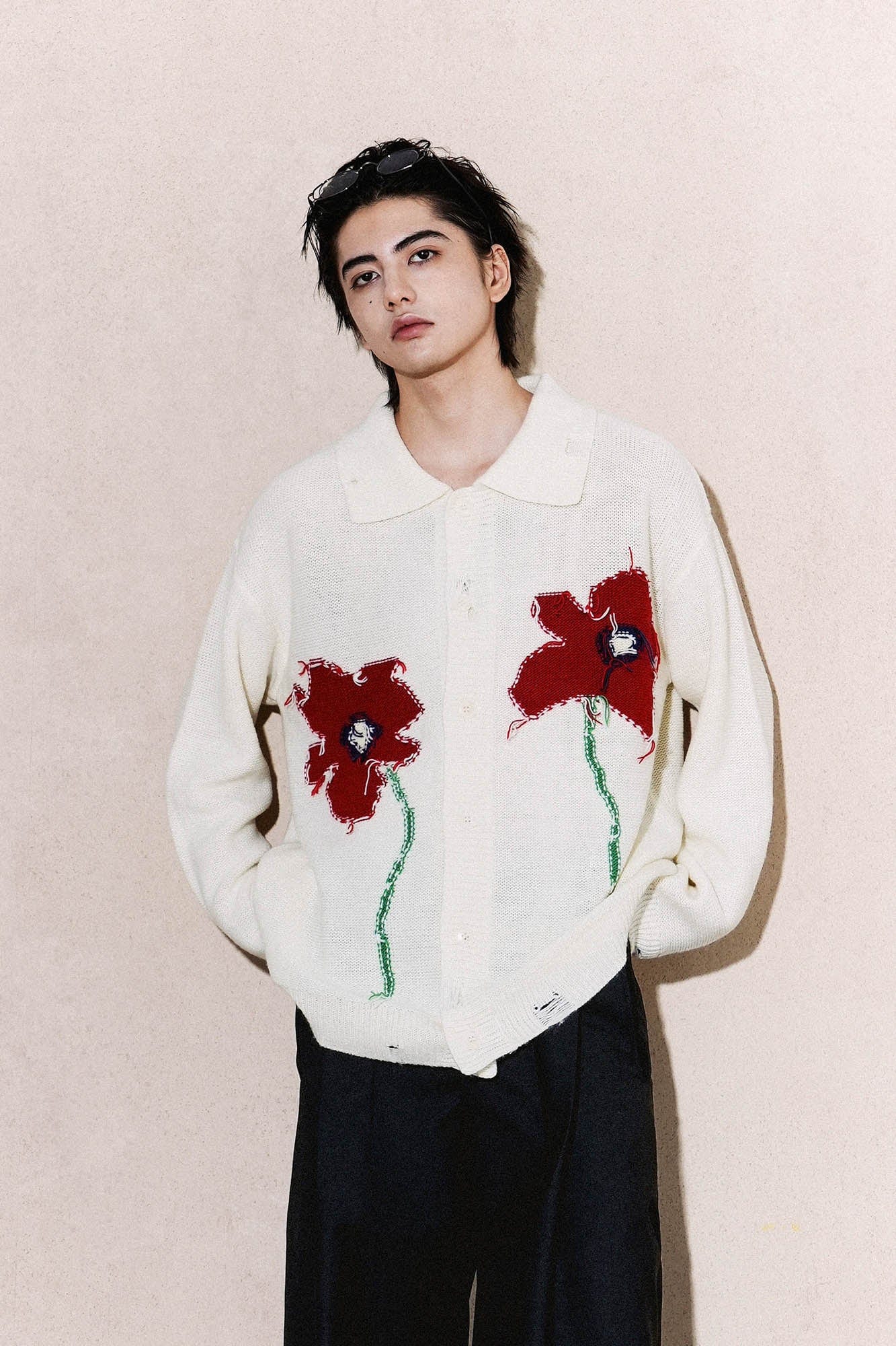 OIPWORD Spring Flower Distressed Cardigan