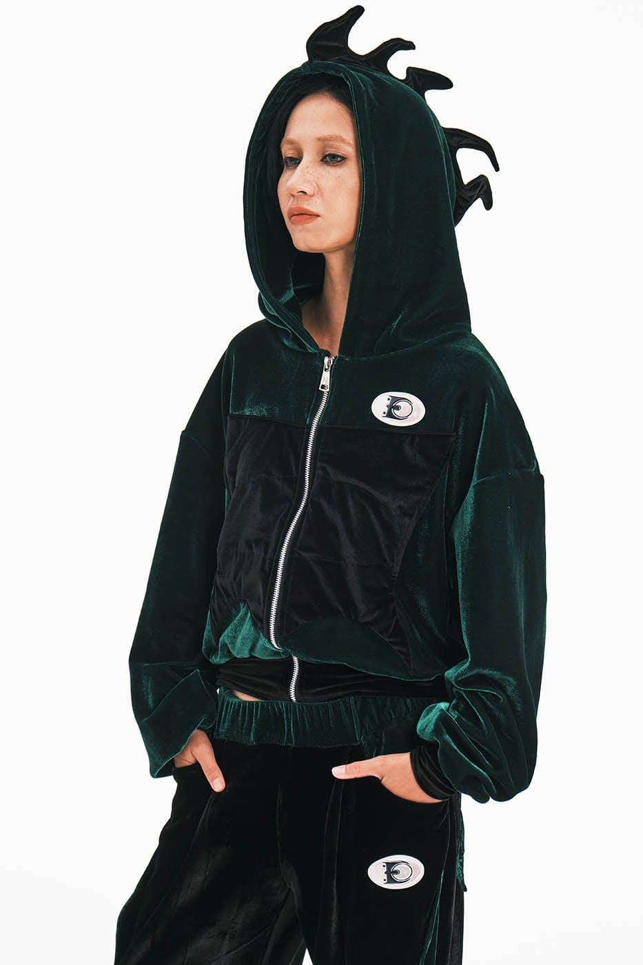 EMBRYO Dinosaur Velvet Cropped Zip-Up Hoodie