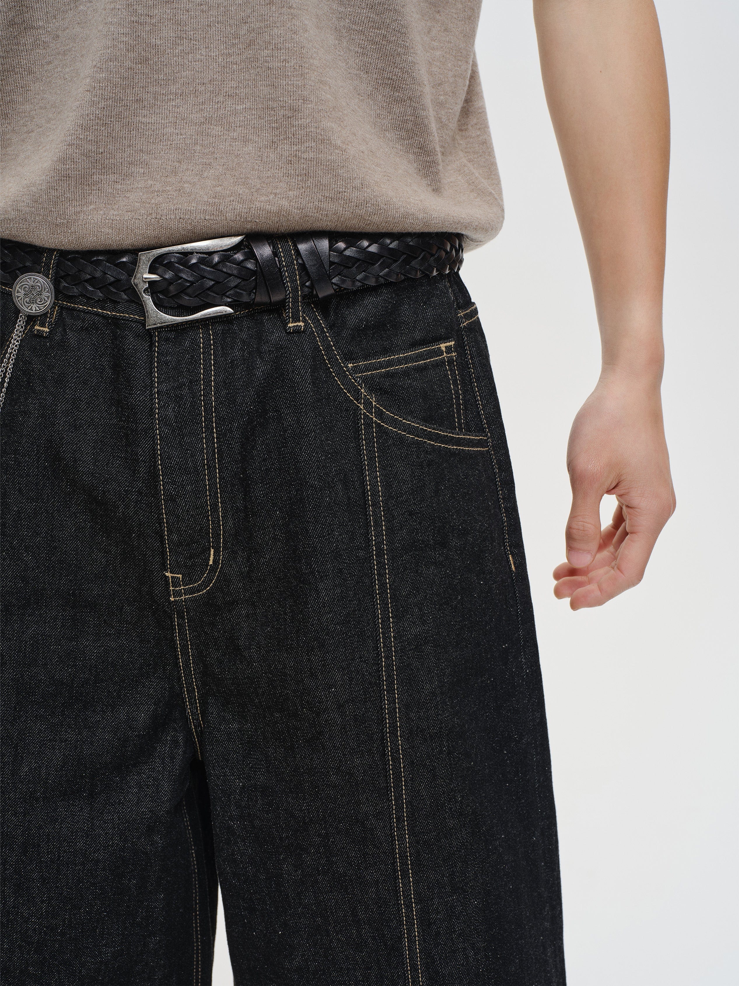 CATSSTAC Contrast Stitch Middle Spliced Raw Denim Jeans