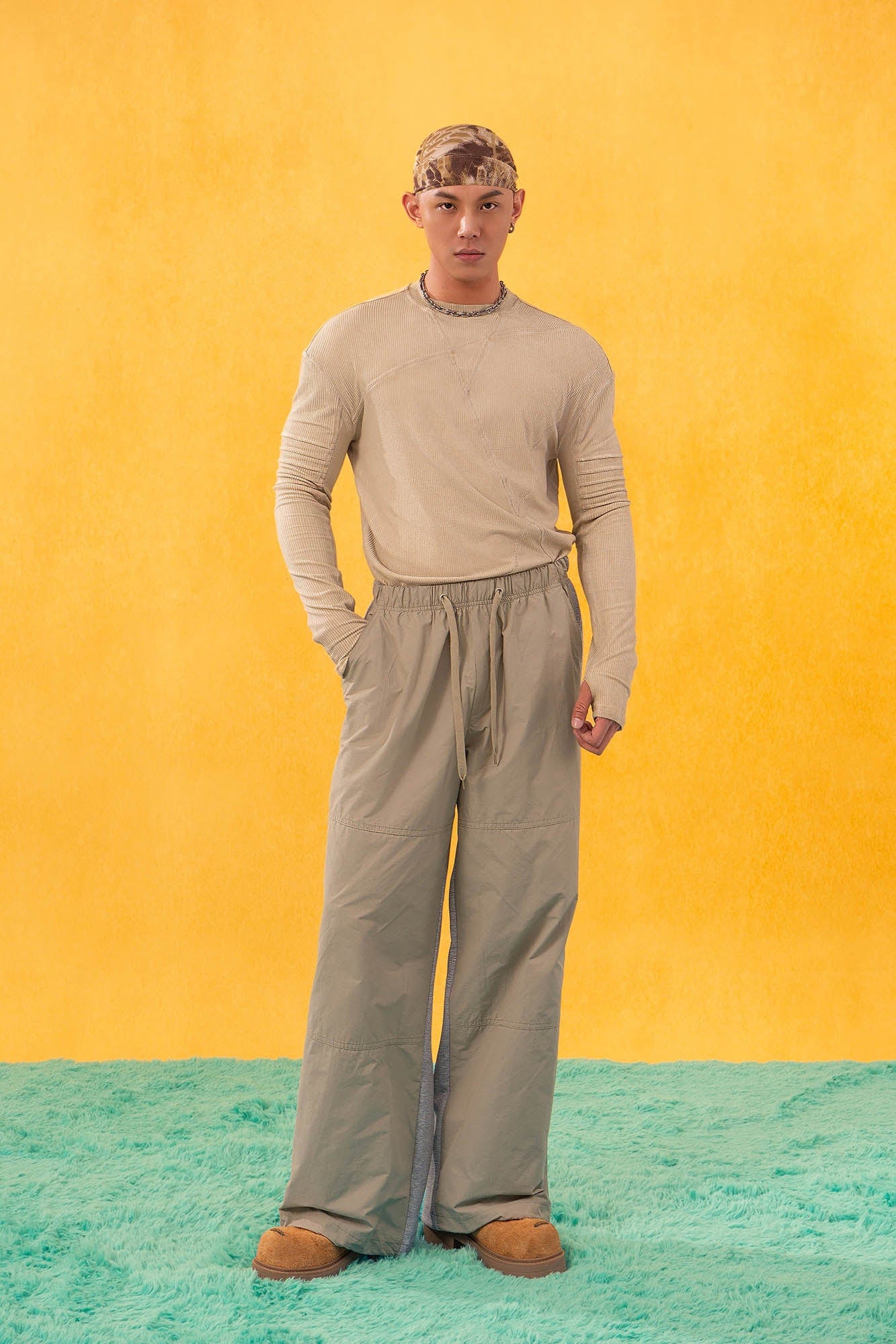 CLP Contrast Panel Drawstring Straight-Leg Pants