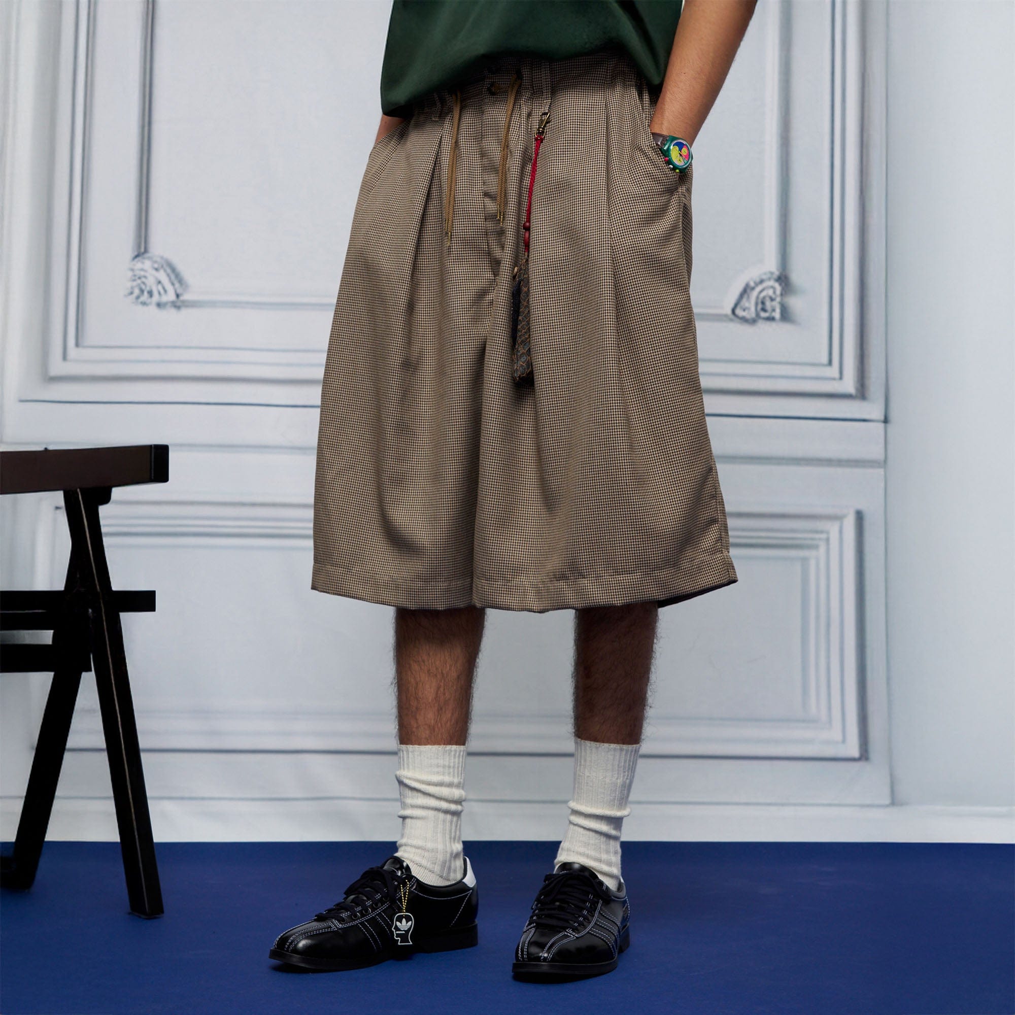 UNLIMITED MOTE Pleated Wide-Leg Drawstring Shorts Houndstooth