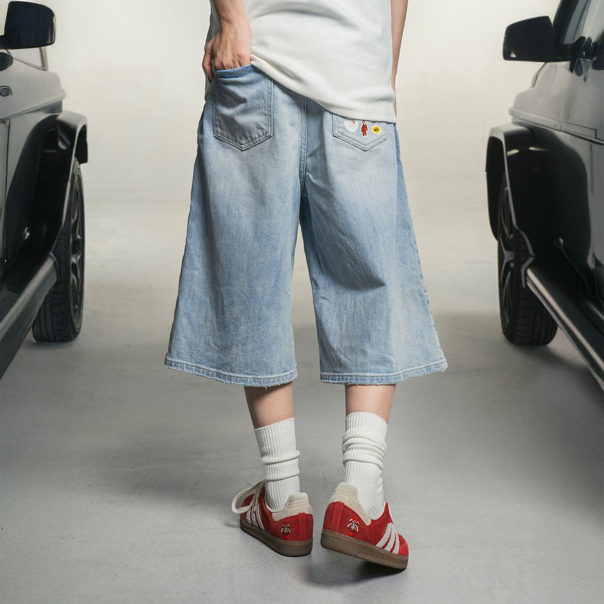 MAKEMORE Anime Sticker Washed Denim Shorts
