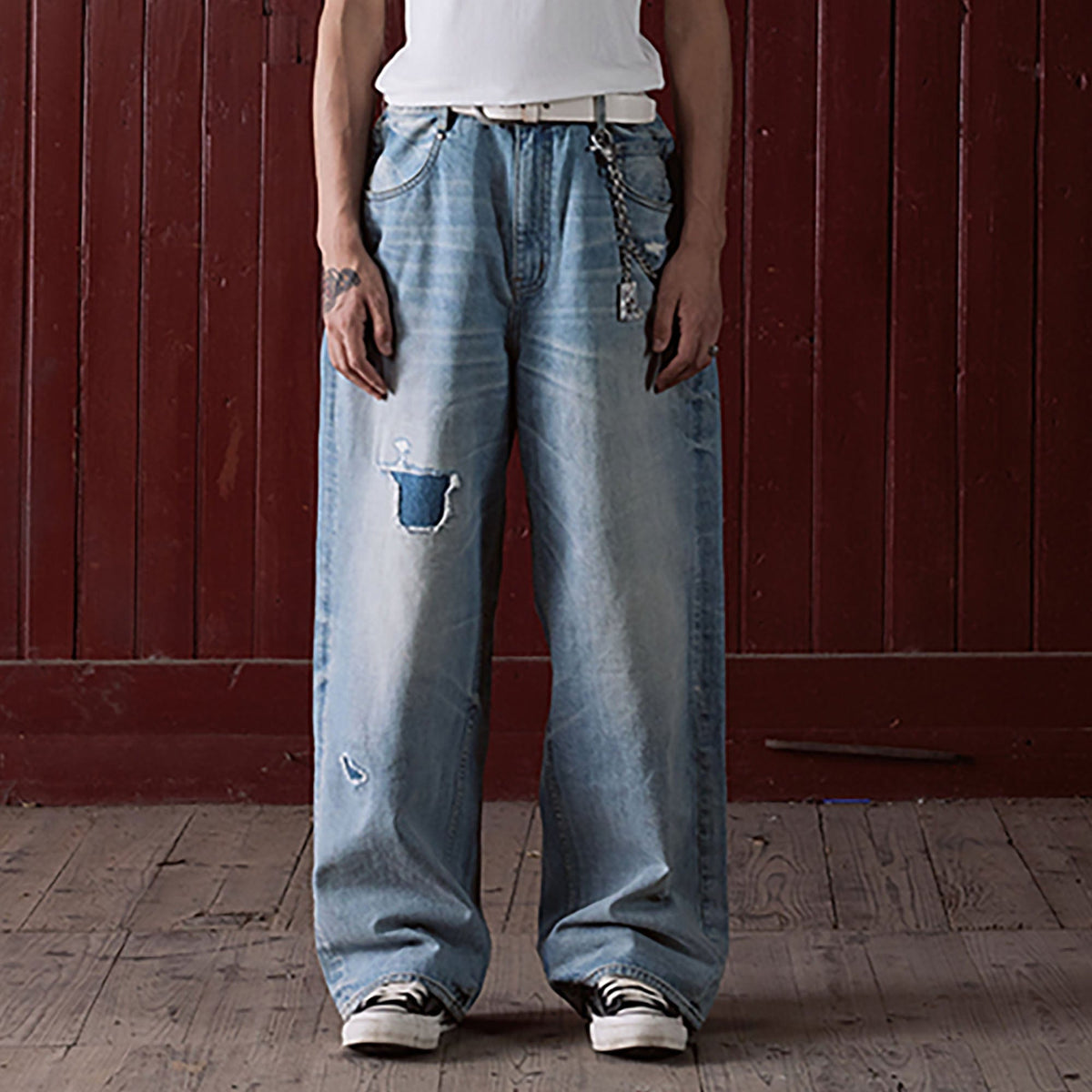 IN EXISTENCE Distressed Patchwork Creased Washed Wide-Leg Jeans