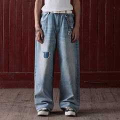 IN EXISTENCE Distressed Patchwork Creased Washed Wide-Leg Jeans