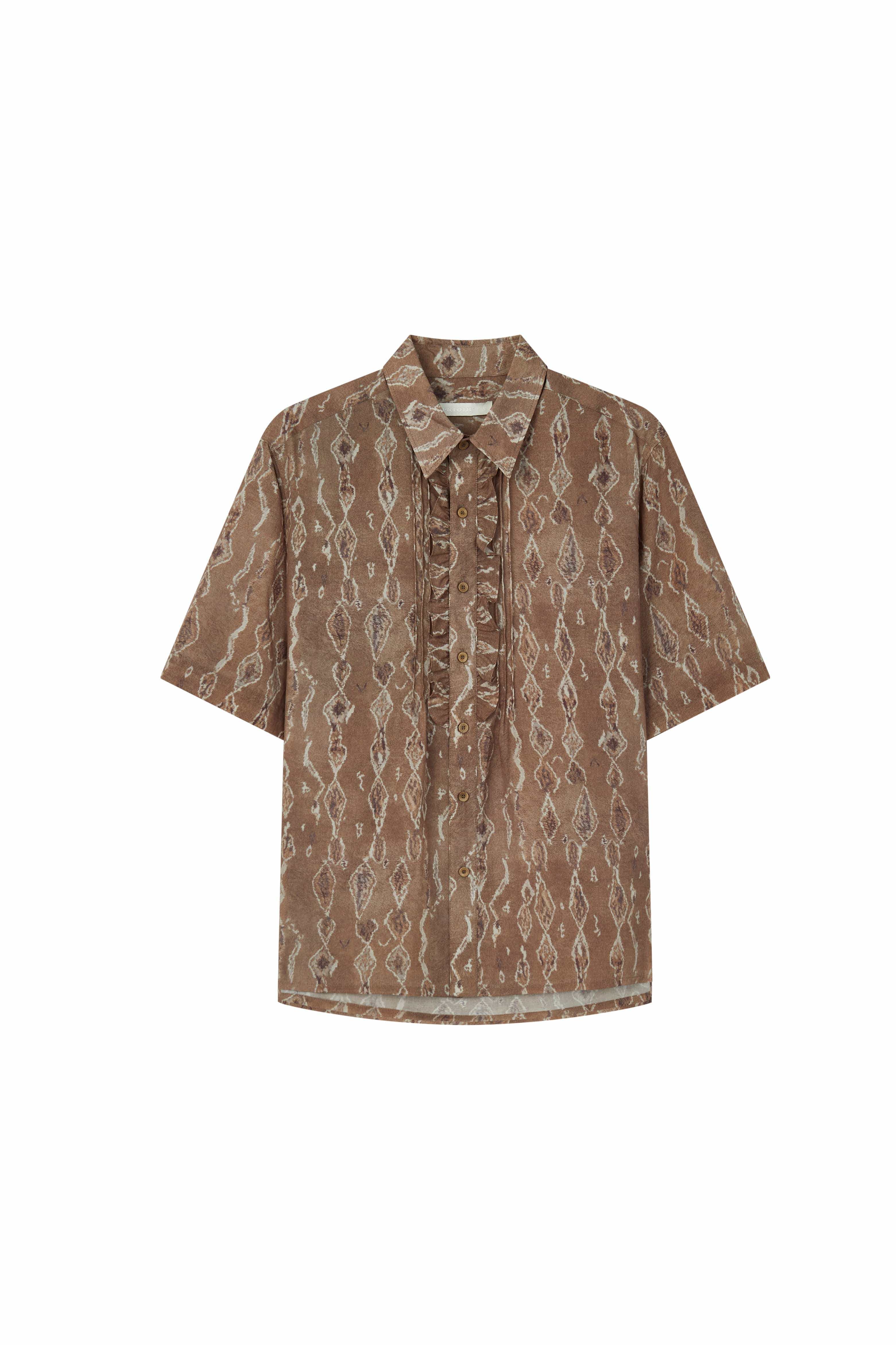OPICLOTH Retro Woodgrain Full-Print Ruffle Half Shirt