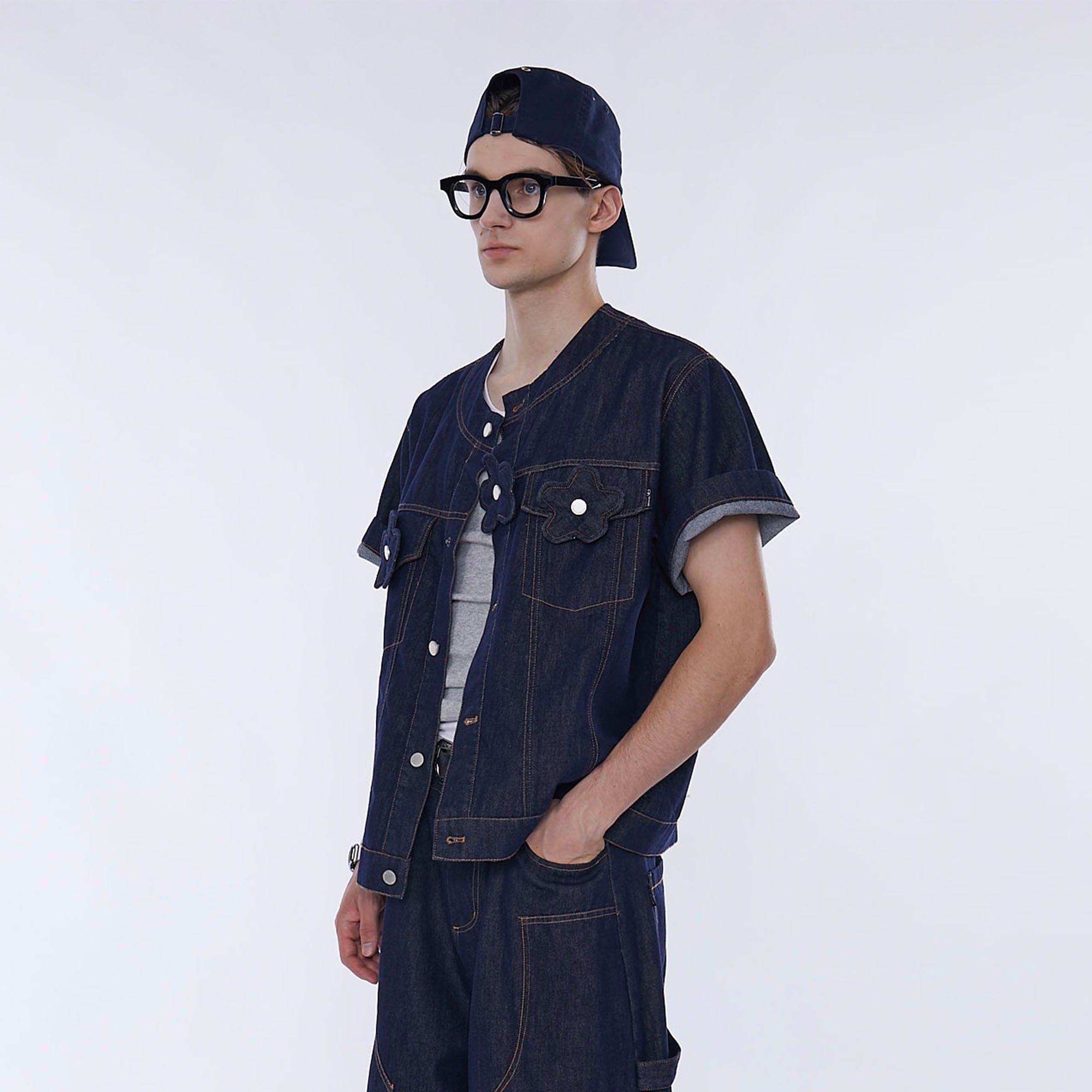 ASSEEN Flower Patchwork Stitched Raw Denim Half Shirt