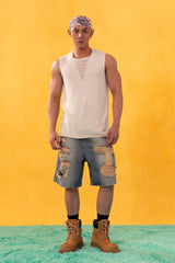 CLP Destroyed Frayed Washed Denim Shorts