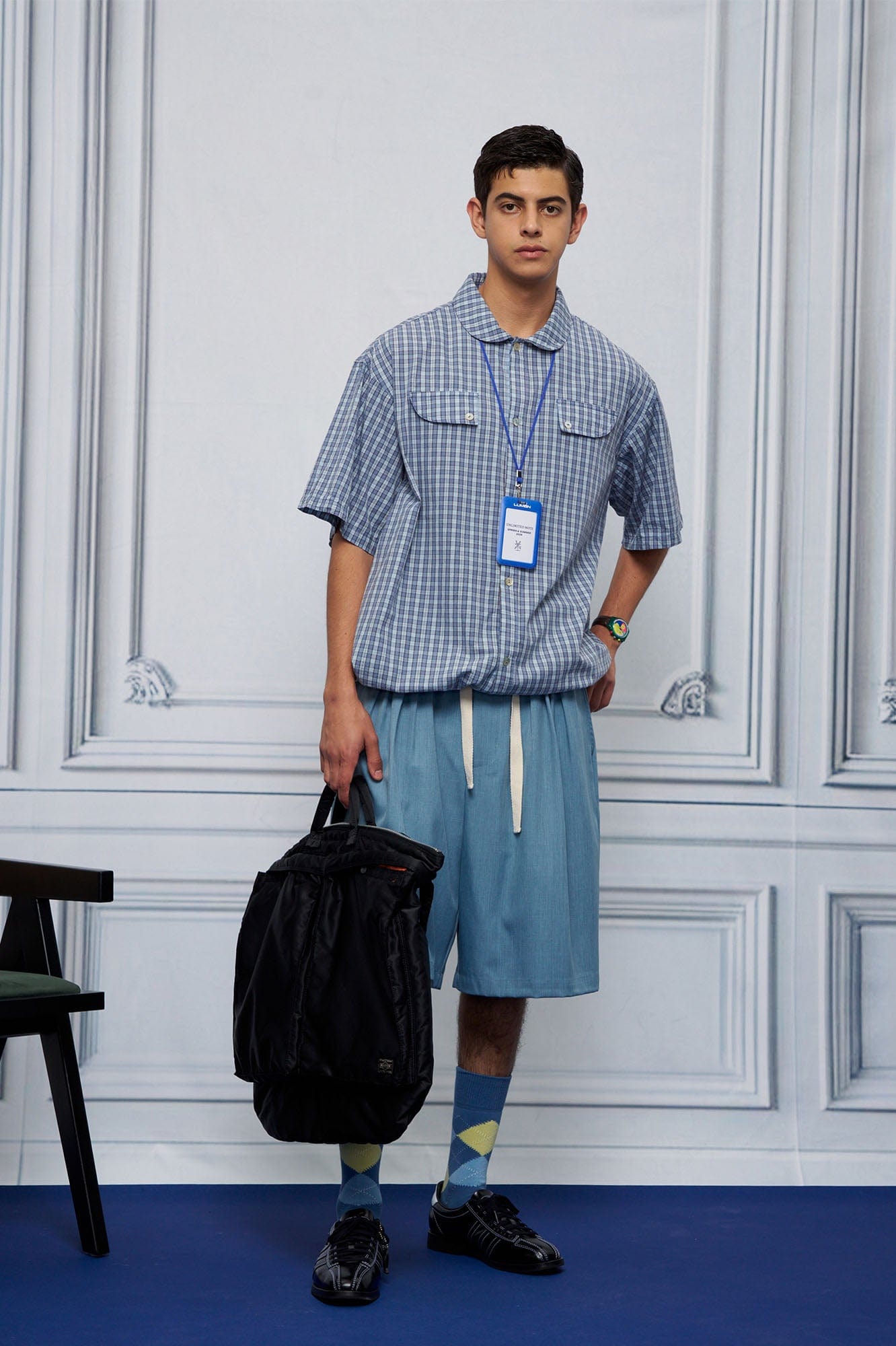 UNLIMITED MOTE Drawstring Hem Plaid Peter Pan Collar Half Shirt