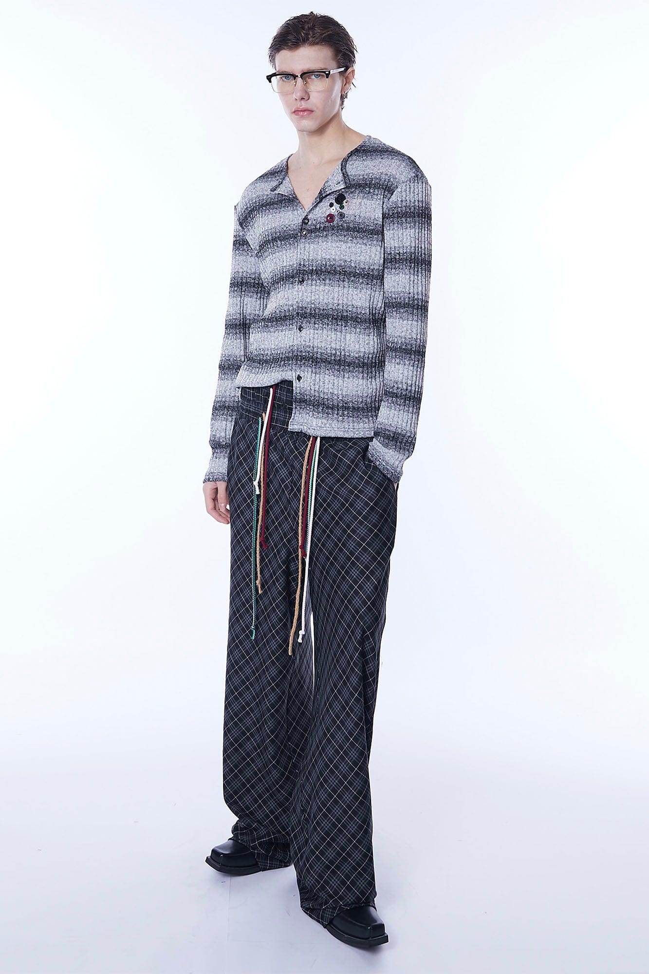ASSEEN Plaid Double-Waist Drawstring Wide-Leg Pants