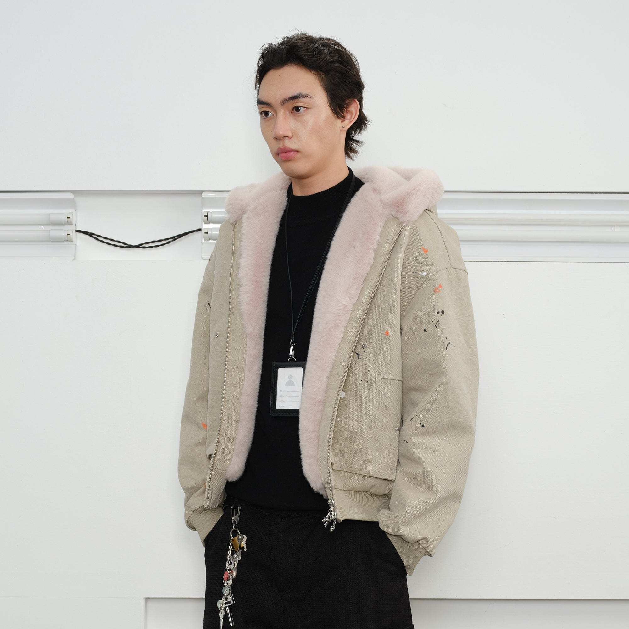 KREATE Rivet Zipper Paint-splattered Fleece-Lined Hooded Jacket