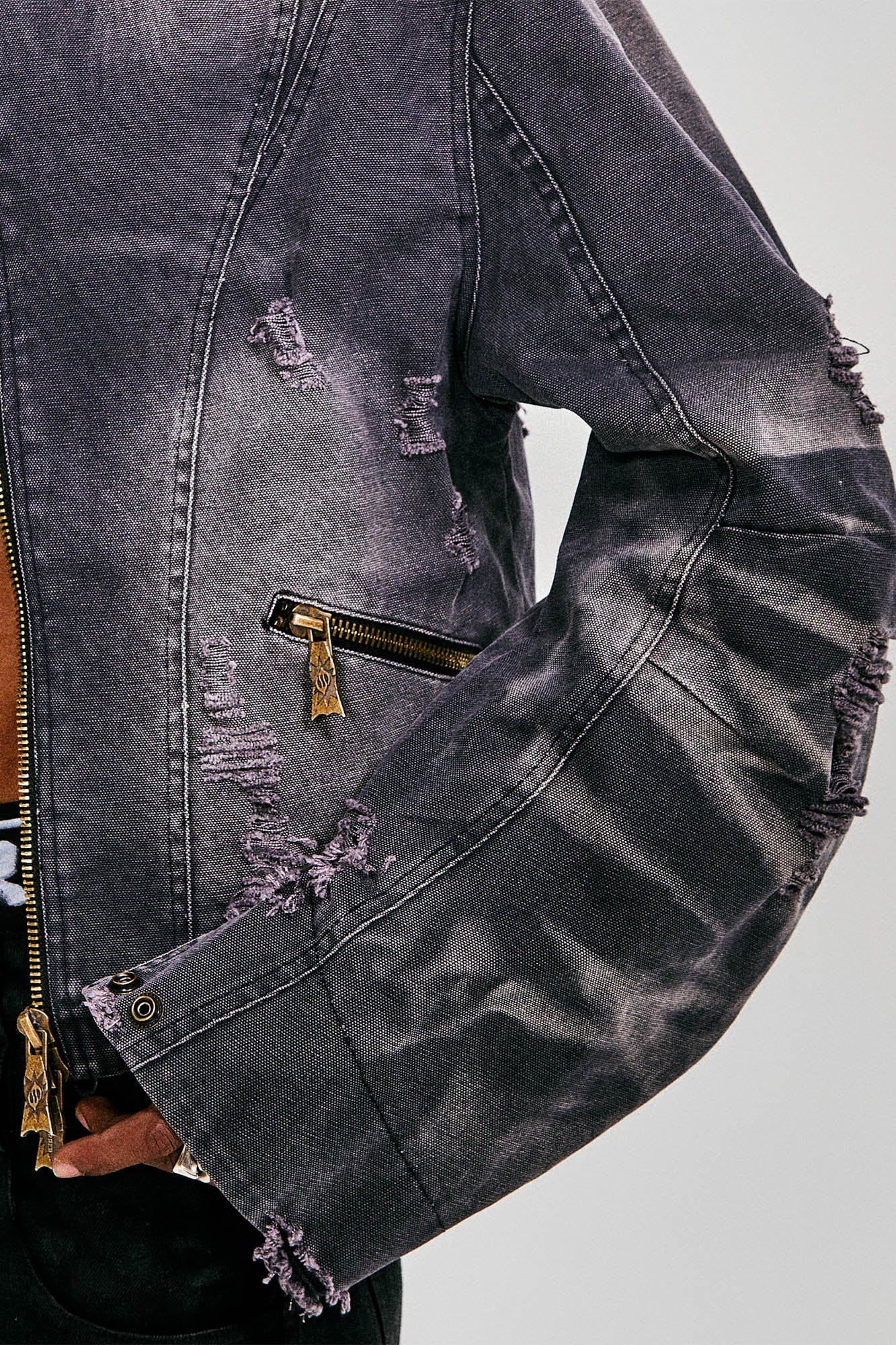 FLYERRER Distressed Curved Spliced Jacket Grey