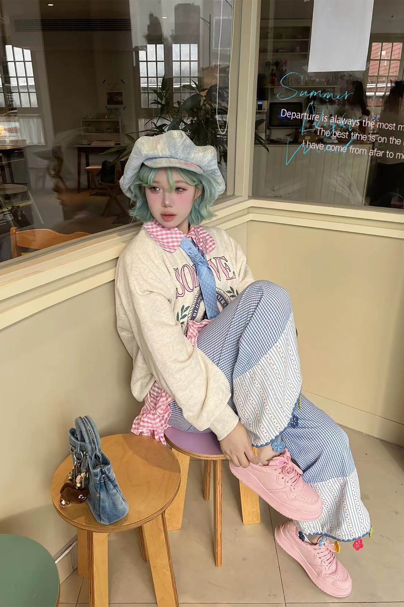 TWINBUTA Washed Embroidered Denim Newsboy Cap