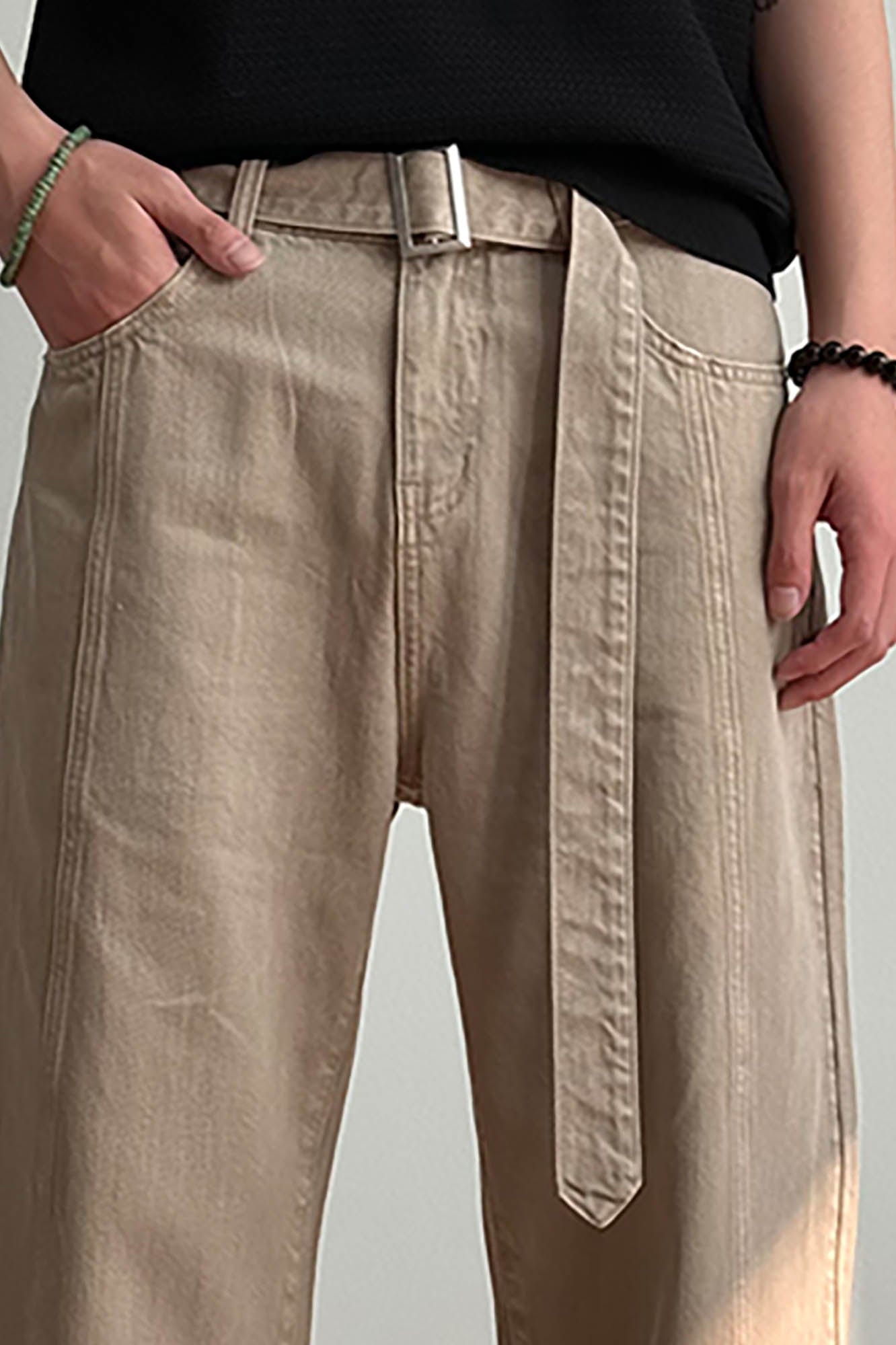 KREATE Belted-Waist Spliced Wide-Leg Pants