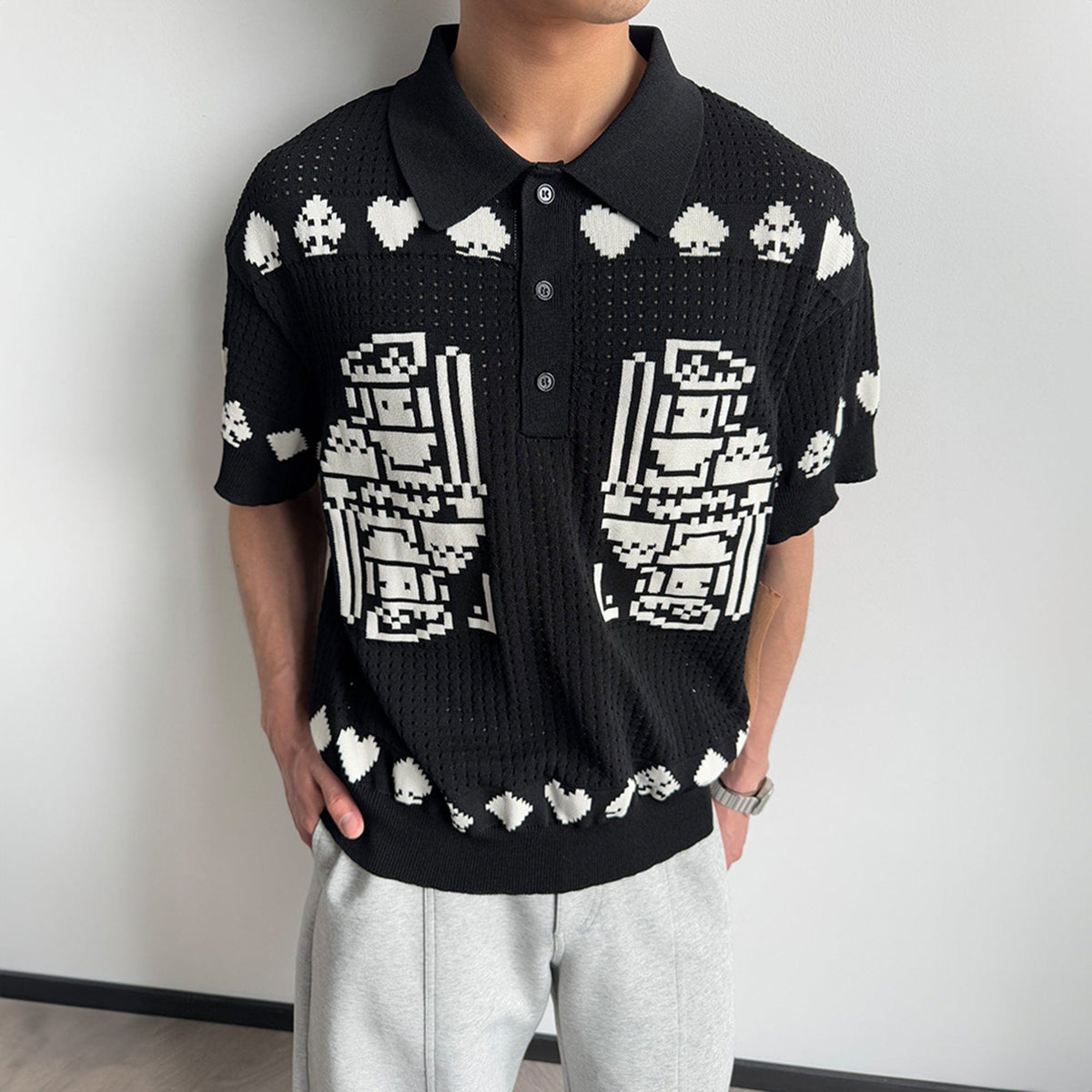 KREATE Pixel Poker Knitted Mesh Polo Half-Sleeve Shirt
