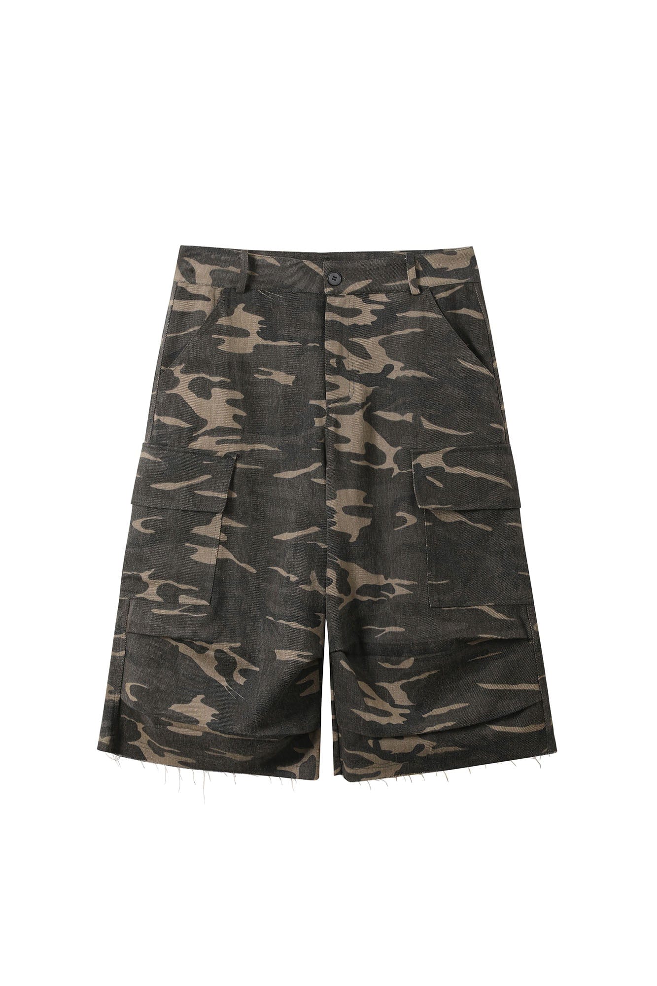 DONSMOKE Camo Multi-Pocket Raw-Edge Curved Shorts