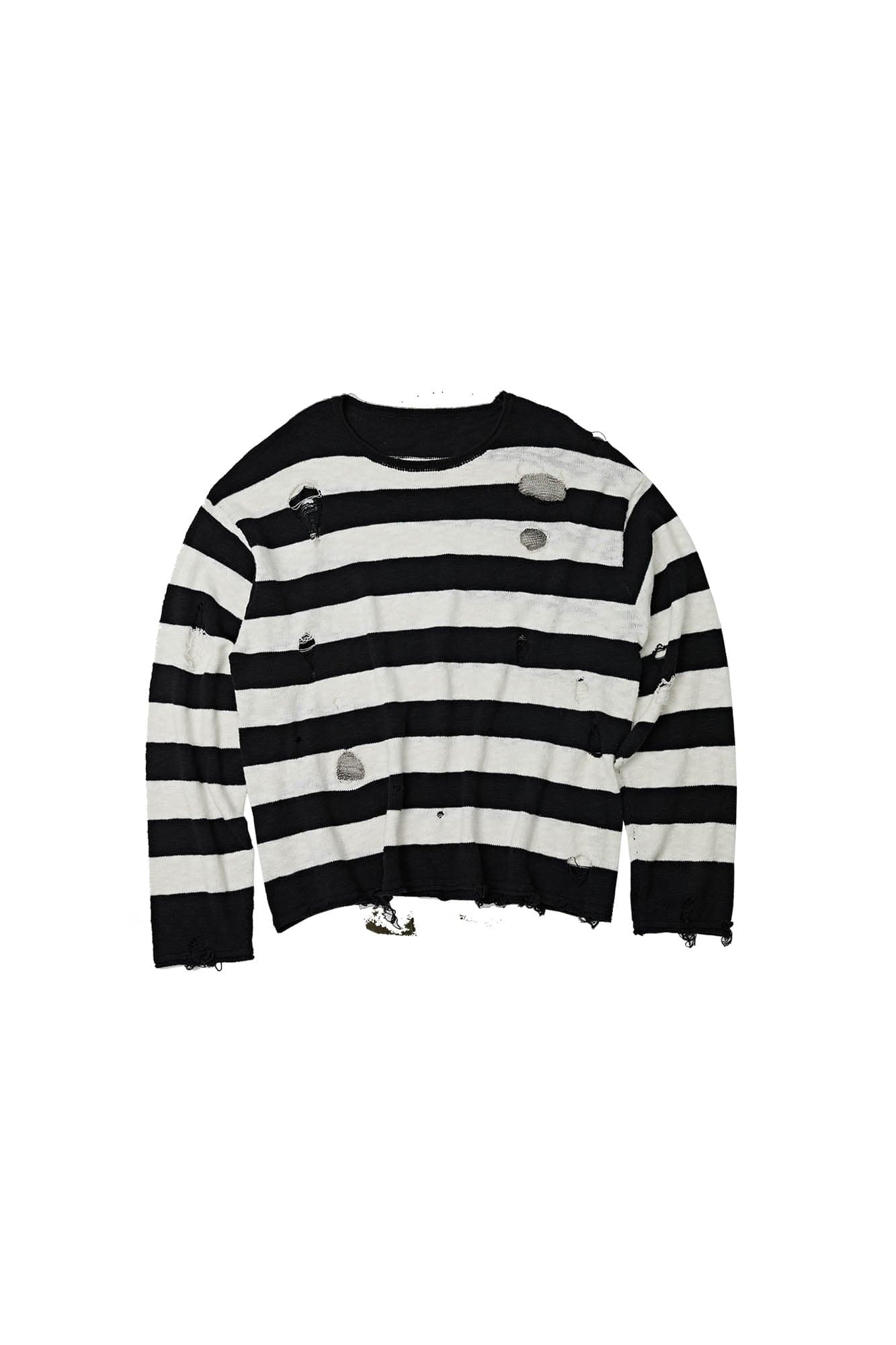 FACEONLAB Stripe Distressed Frayed Crewneck Sweater