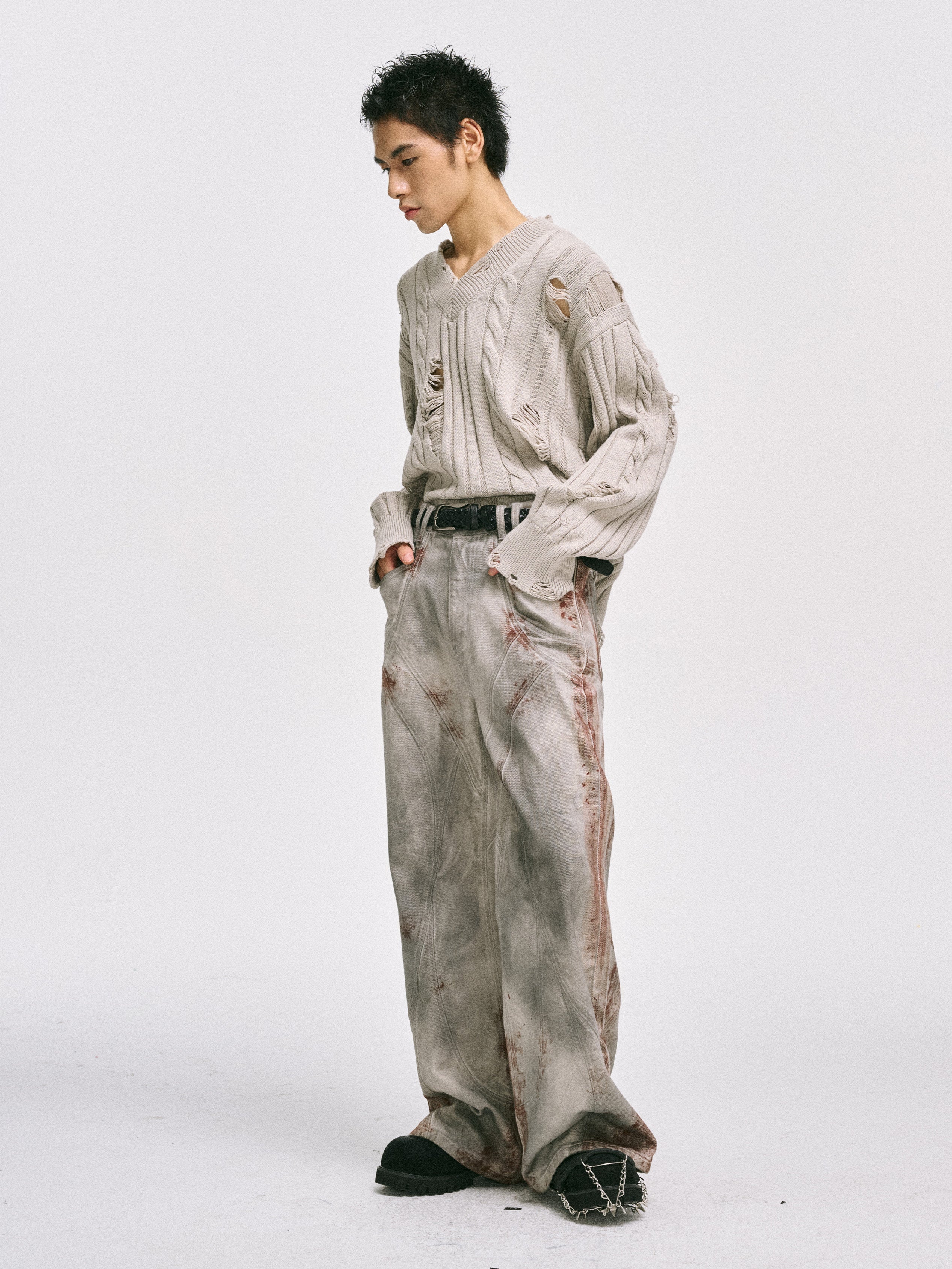 CATSSTAC Rusted Deconstructed Wide-Leg Jeans