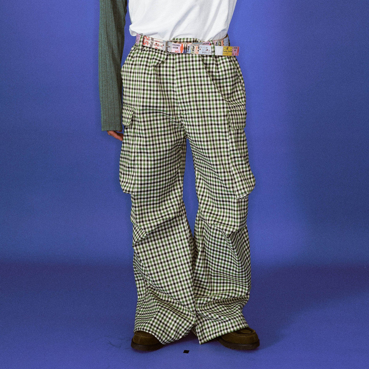TRECLUB Plaid Multi-Pocket Crinkled Cargo Pants