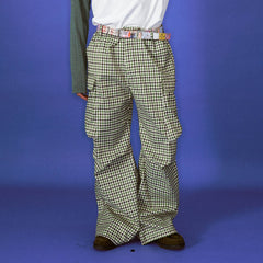 TRECLUB Plaid Multi-Pocket Crinkled Cargo Pants