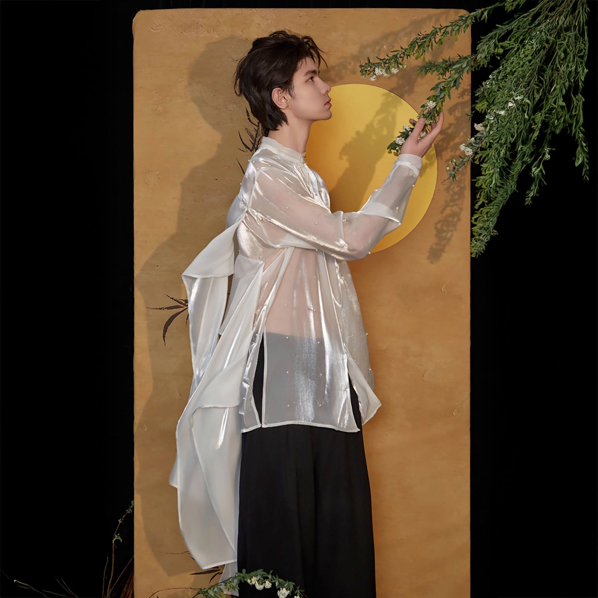JIECHI Pearl Embroidered Layered Ribbon Organza Shirt