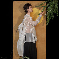 JIECHI Pearl Embroidered Layered Ribbon Organza Shirt