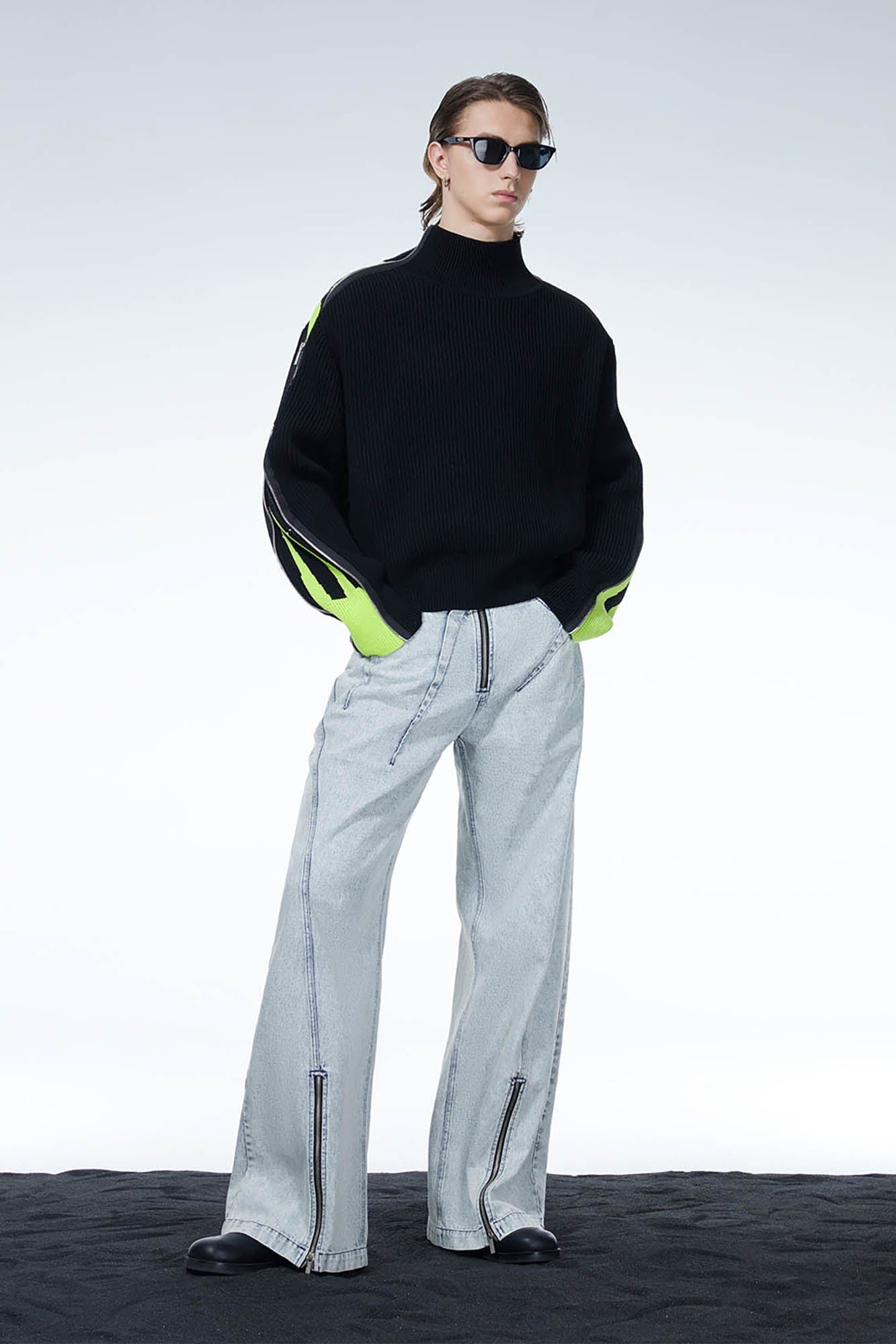 LOSTNFOUND Paneled Side-Zip Mock Neck Sweater