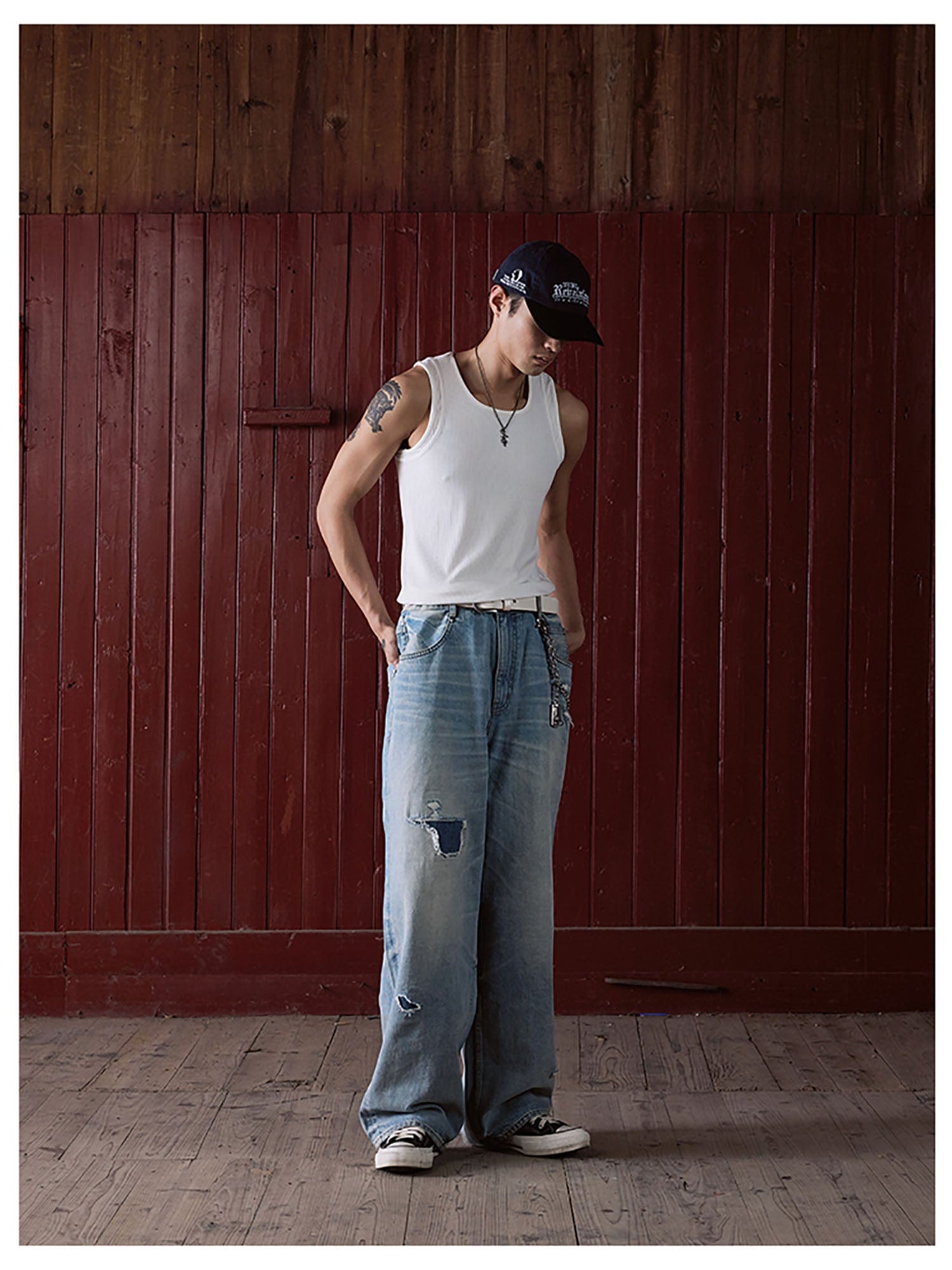 IN EXISTENCE Distressed Patchwork Creased Washed Wide-Leg Jeans