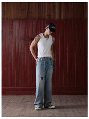 IN EXISTENCE Distressed Patchwork Creased Washed Wide-Leg Jeans