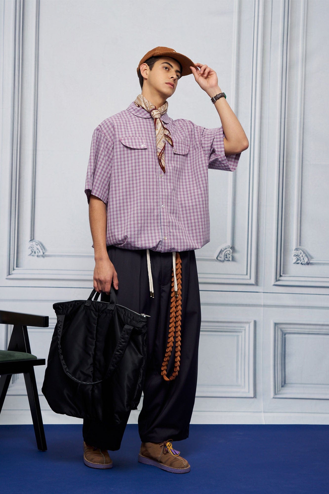 UNLIMITED MOTE Drawstring Hem Plaid Peter Pan Collar Half Shirt