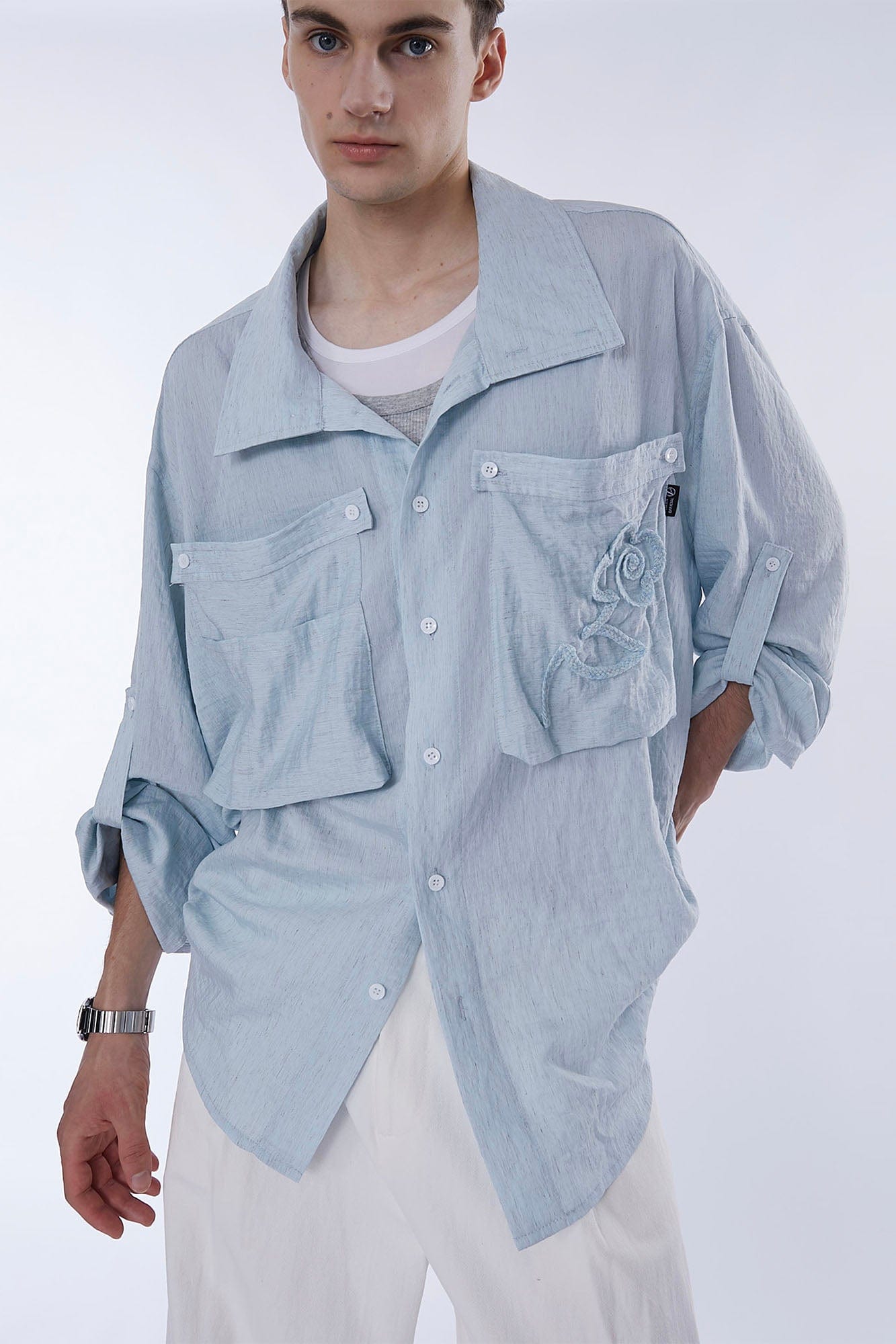 ASSEEN Rose Embroidered Pocket Linen-Blended Overshirt