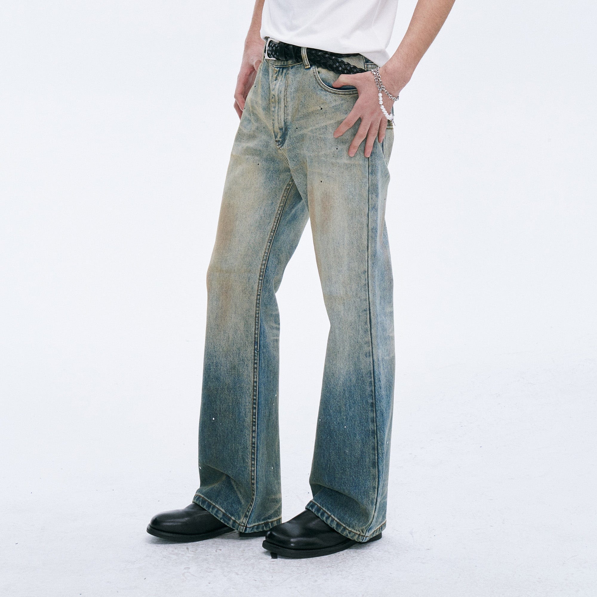 CATSSTAC Washed Sunfade Paint-Splatter Wide-Leg Jeans