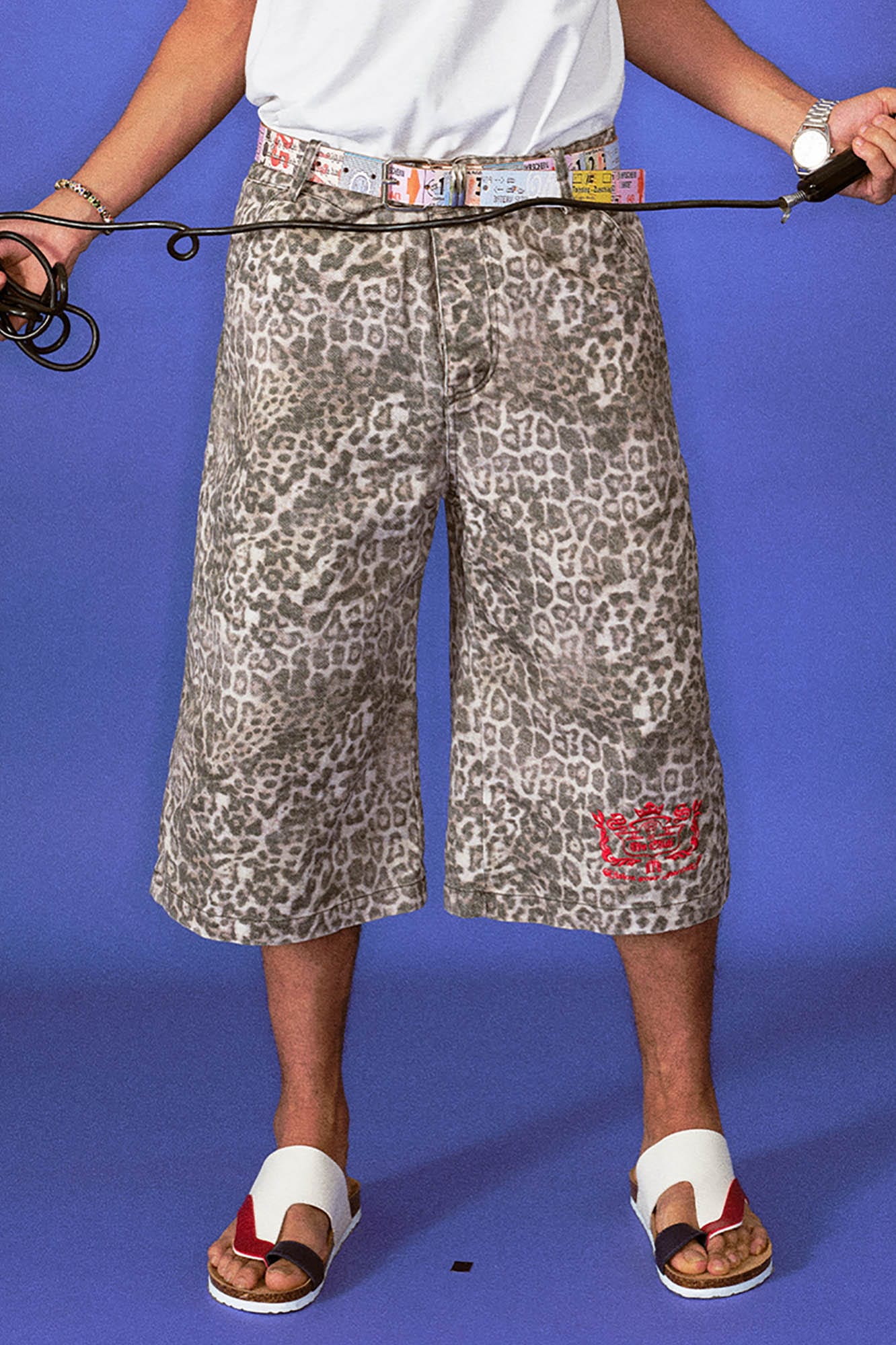 TRECLUB Leopard Washed Embroidered Cropped Pants