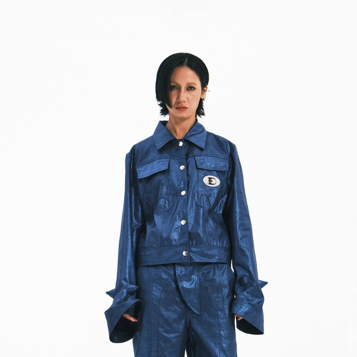 EMBRYO Metallic Sheen Embossed Spiked Sleeve Jacket