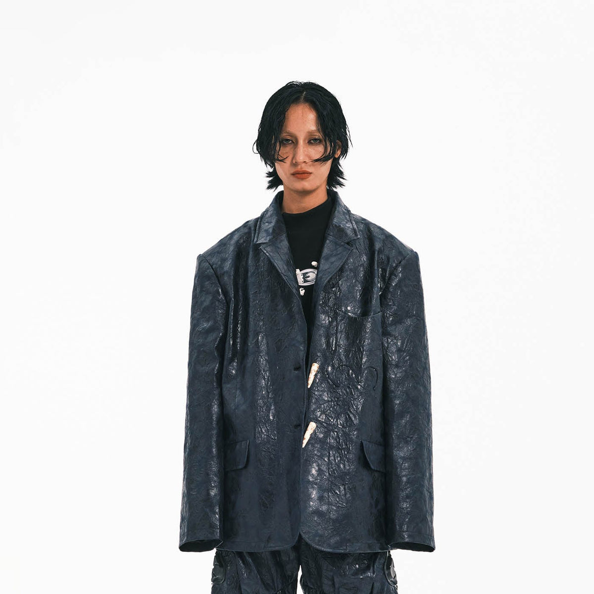 EMBRYO Crinkled Textured Faux Leather Blazer