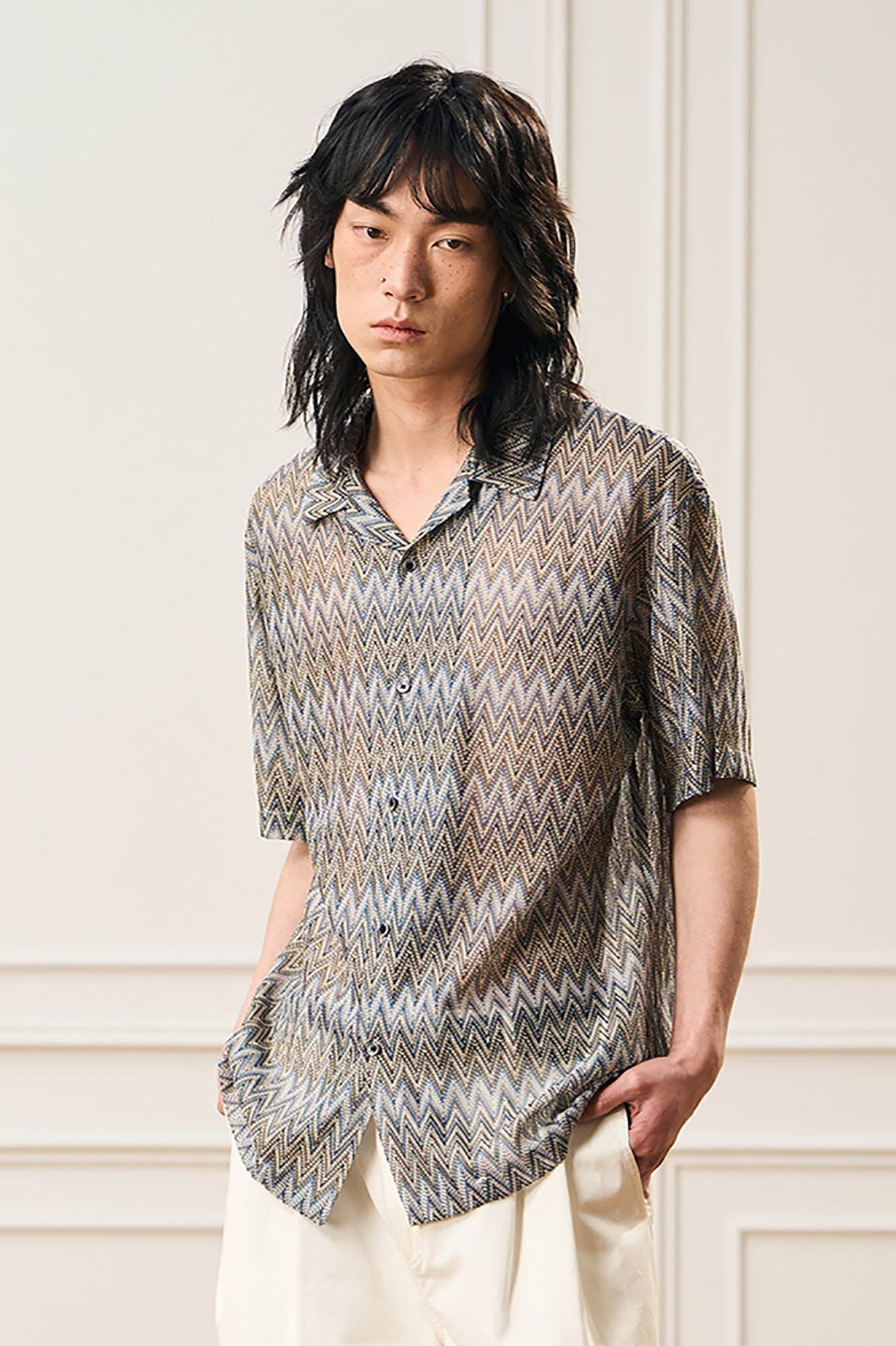 EPIC POETRY Geometric Ripple Knitted Half Shirt Sandstone