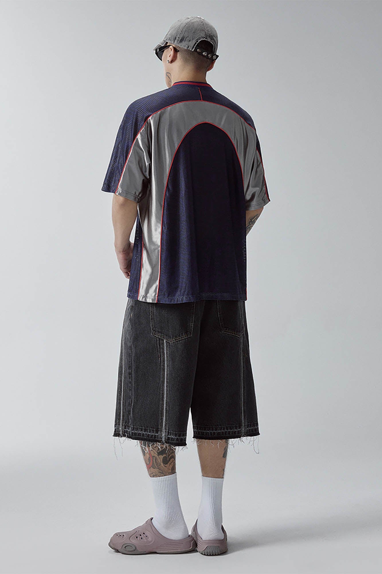 F2CE Raw-Hem Raised Seam Washed Denim Shorts