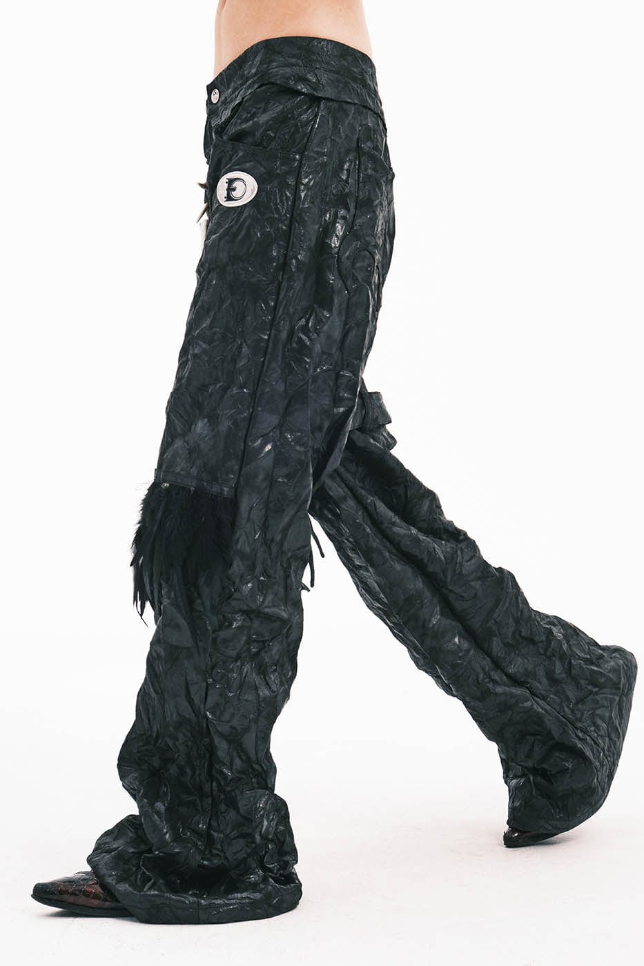 EMBRYO Deconstructed Faux Leather Bone Wrinkled Wide-Leg Pants