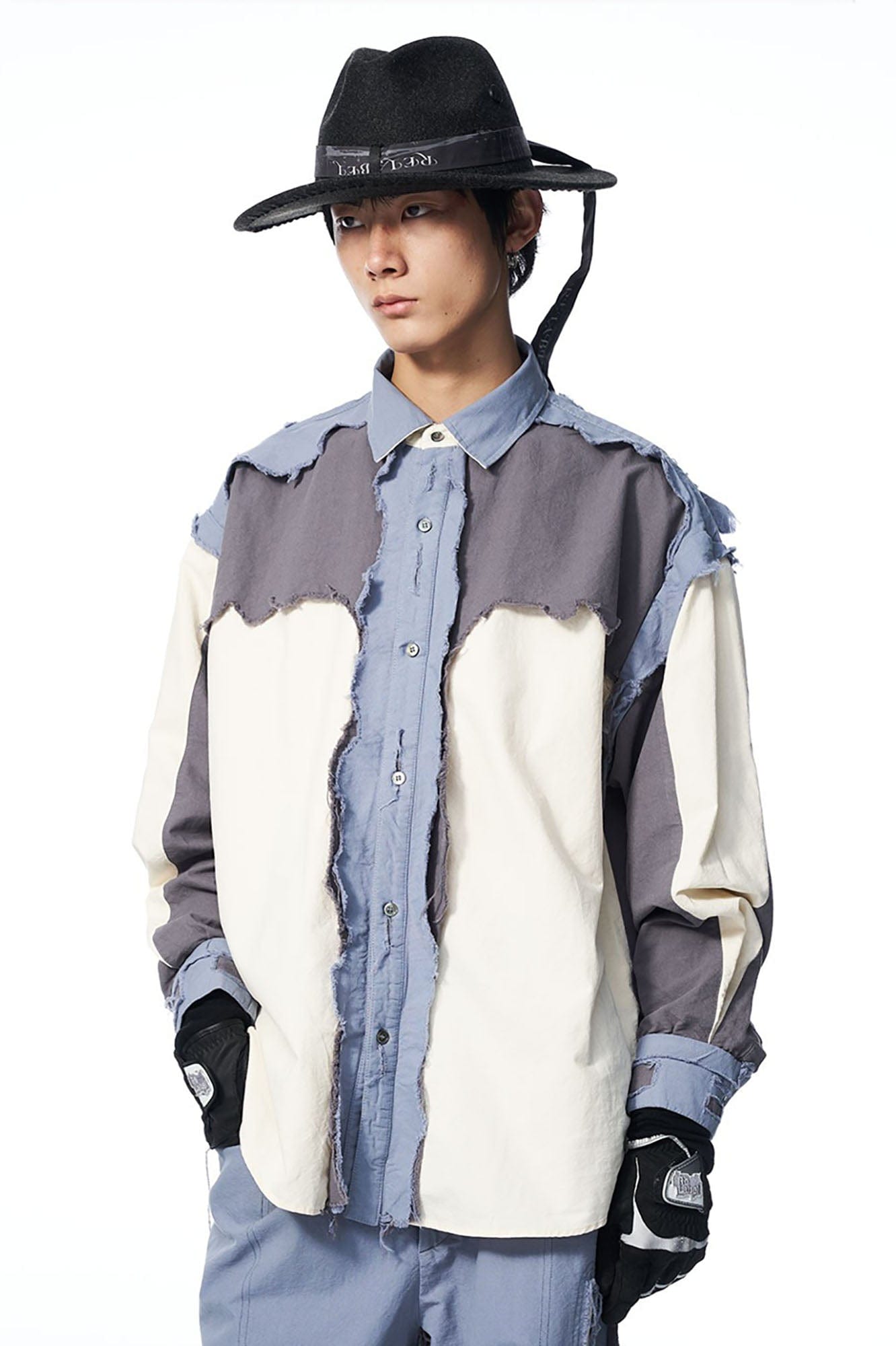 RELABEL Deconstructed Paneled Raw-Edge Frayed Shirt
