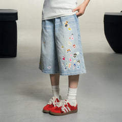 MAKEMORE Anime Sticker Washed Denim Shorts