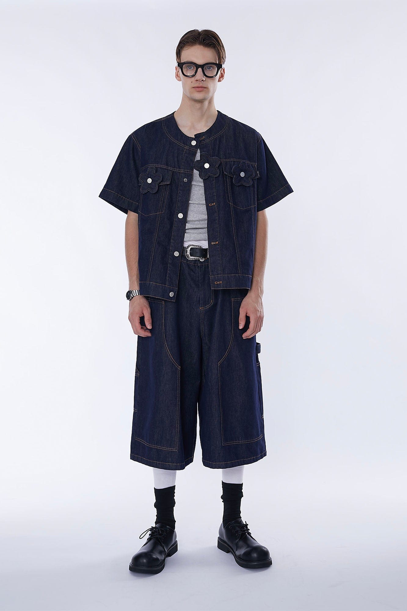 ASSEEN Flower Patchwork Stitched Raw Denim Half Shirt