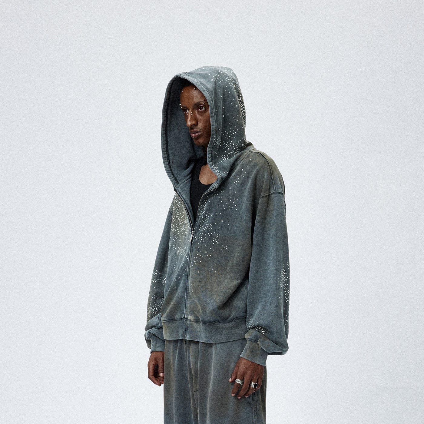 DND4DES Diamond Distressed Zip-Up Hoodie