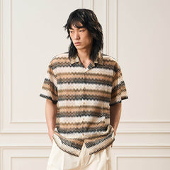 EPIC POETRY Geometric Ripple Knitted Half Shirt Brown
