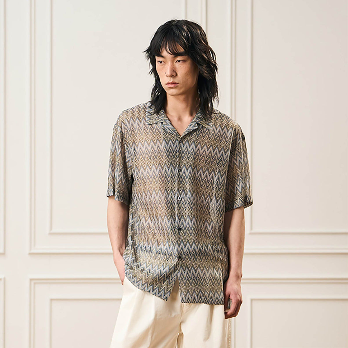 EPIC POETRY Geometric Ripple Knitted Half Shirt Sandstone