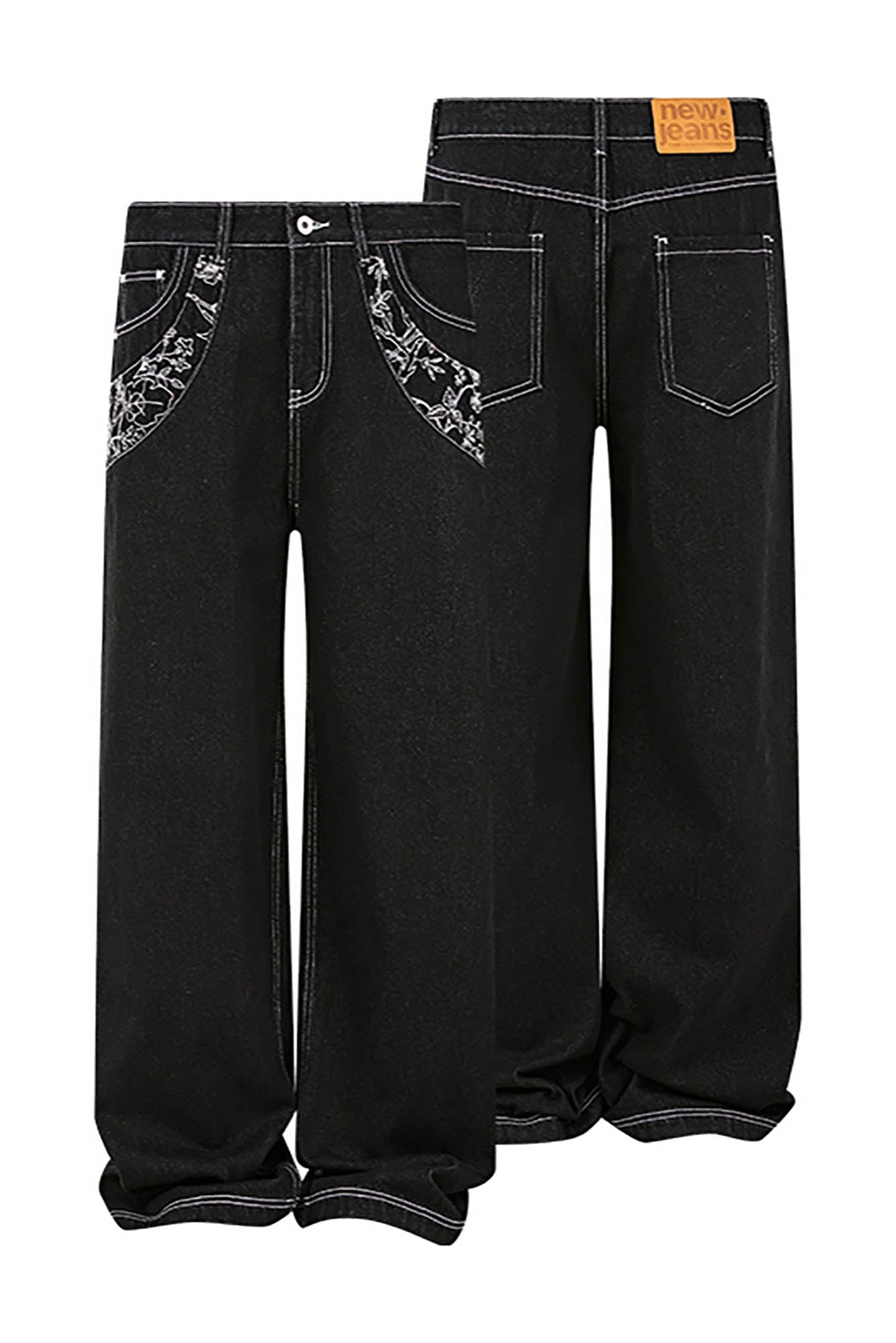 KREATE Floral Embroidered Spliced Wide-Leg Jeans