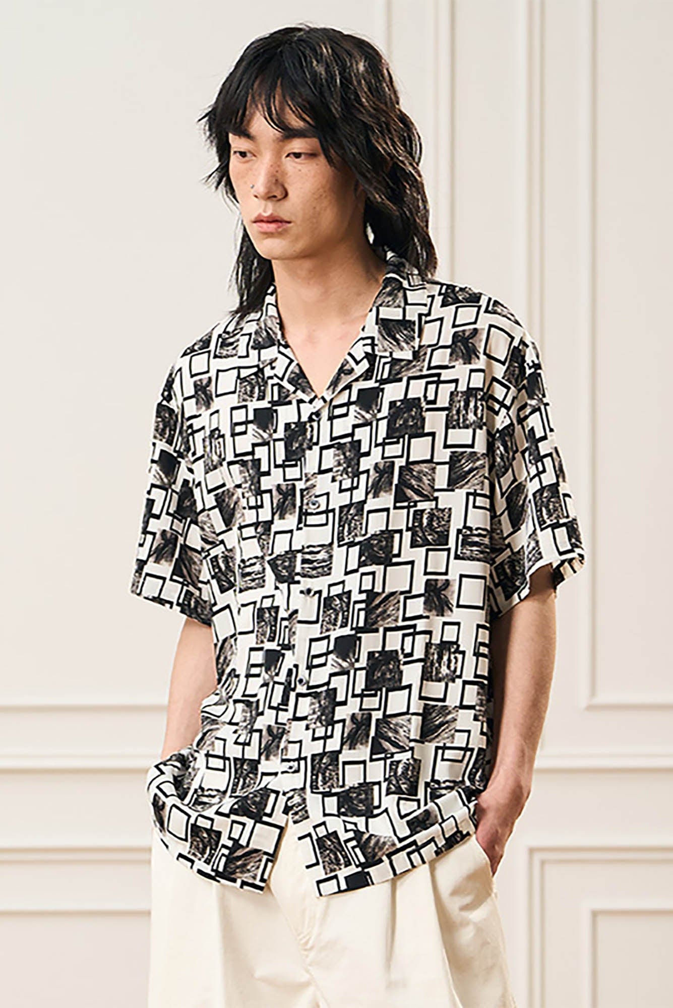 EPIC POETRY Monochrome Collage Grid Cuban Half Shirt